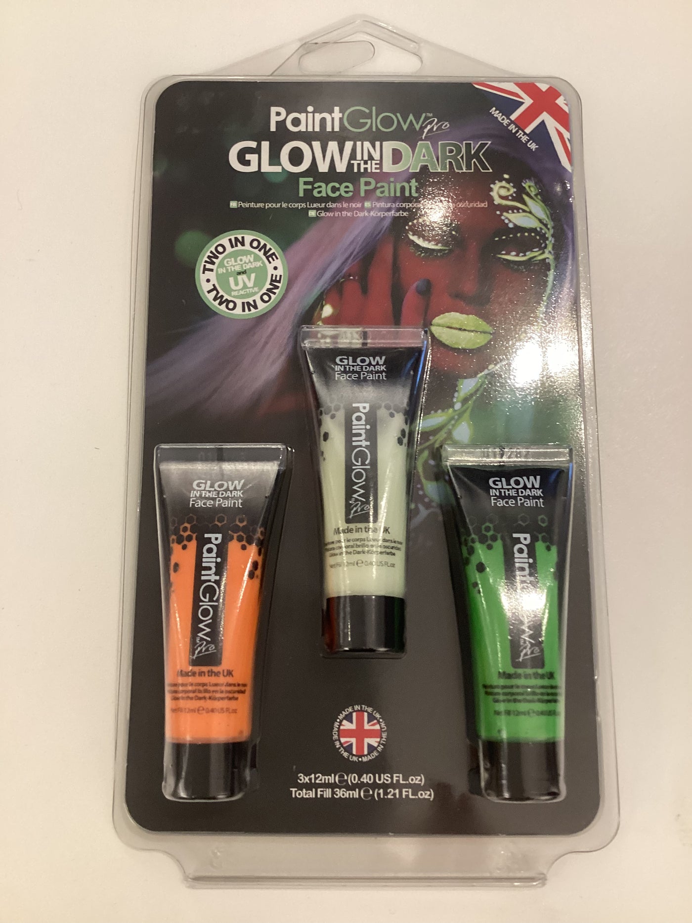 Paint glow in the dark face paint 3 colour set